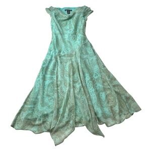 Vtg Jones Wear Maxi Dress 10 Teal Paisley Handkerchief Asymmetric Chiffon Fairy